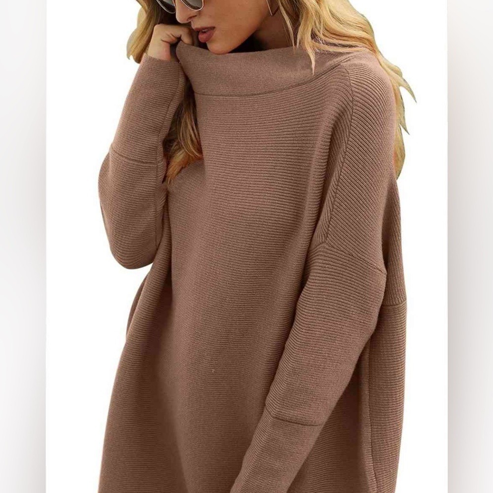 Anrabess Womens Oversized Turtleneck Ribbed Knit Sweater Mauve Pink Medium